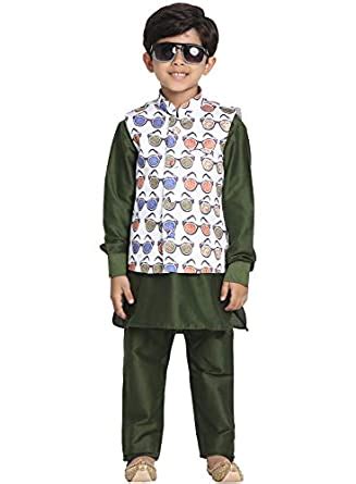JBN Creation Dark Green Cotton Silk Blend Boys Nehru Modi Jacket Kurta ...