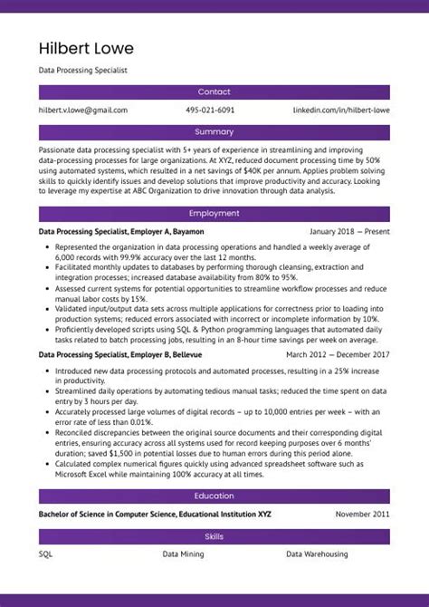 Image result for Data Processing Resume Examples