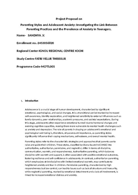 Project Proposal: Parenting Styles & Adolescent Anxiety (SANDHYA .V ...