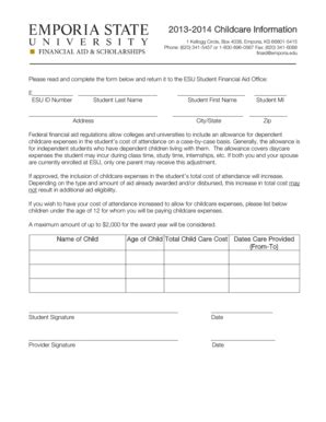 Fillable Online emporia 2013-2014 Childcare Information - Emporia State ...