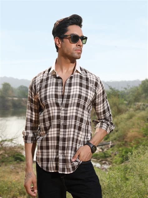 Contrast collar cotton Brown checks shirt – P E R C H