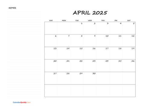 April Blank Calendar 2025 with Notes | Calendar Quickly