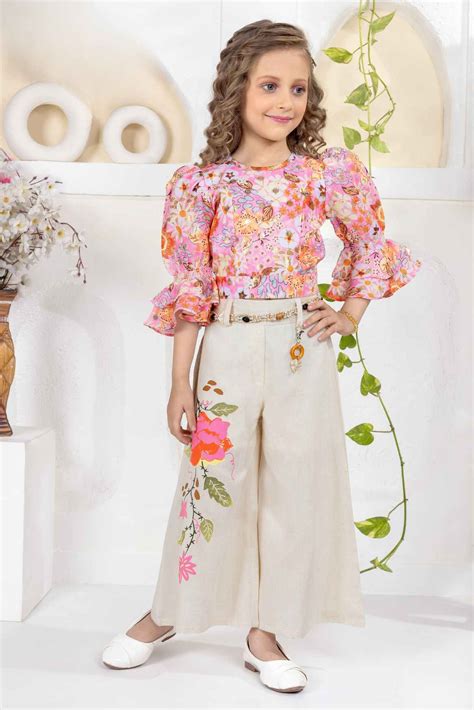 Pink Floral Printed Top And Cream Wide-Leg Pants Set For Girls ...