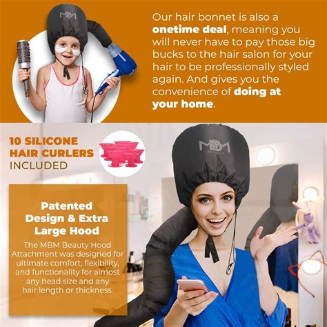 Adjustable Soft Hooded Hair Dryer Bonnet with 10 Silicone Curlers ...