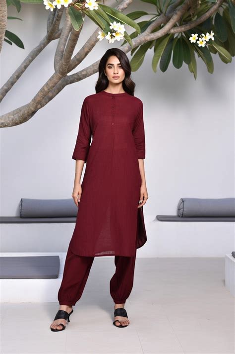 Buy Maroon Solid Thread Work Straight Cotton Kurta with Salwar Online ...