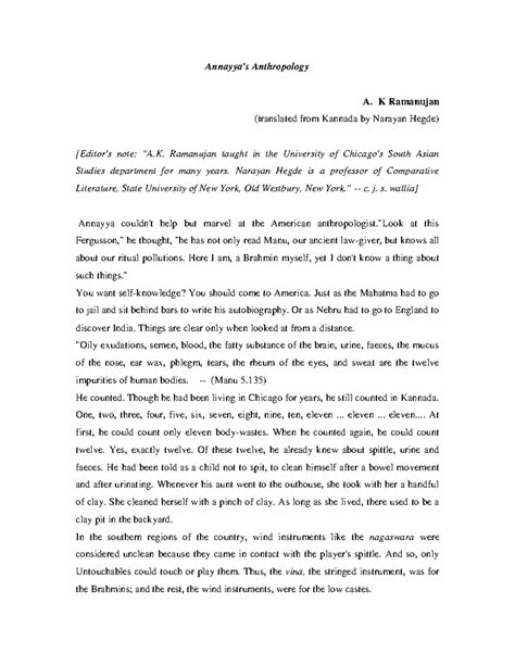 Add eng annaya - anayas college - Annayya's Anthropology A. K Ramanujan ...