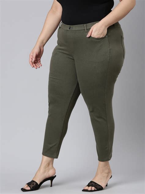 Women Solid Dark Olive Mid Rise Cropped Jeggings