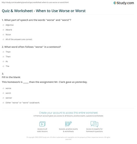 Quiz & Worksheet - When to Use Worse or Worst | Study.com