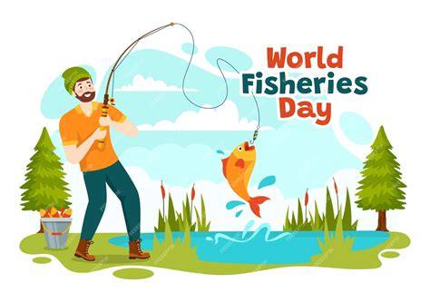 Premium Vector | World fisheries day illustration of fisherman with fishing rod to protecting ... - ecosystem of fish