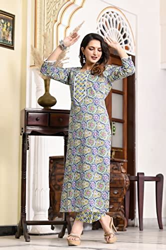 Buy GoSriKi Women's Cotton Blend Floral Regular Kurta with Pant (Guru ...