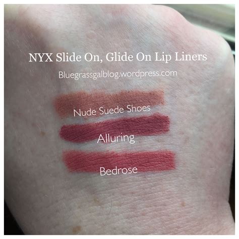 Swatches of NYX Slide On, Glide On lip pencils in (top to bottom): Nude ...