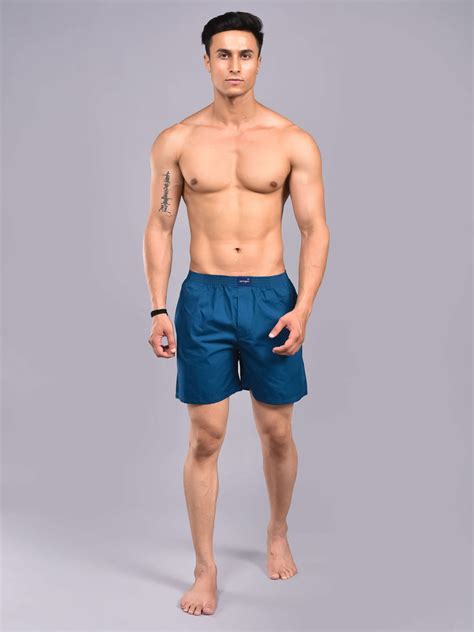 Rama Blue Solid Cotton Boxer Shorts For Men with Side Pockets | Amogue
