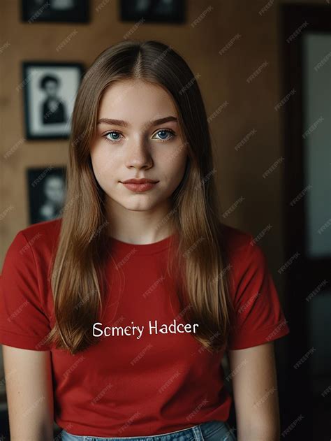 A girl with long hair and a red shirt has a picture of a girl with a ...