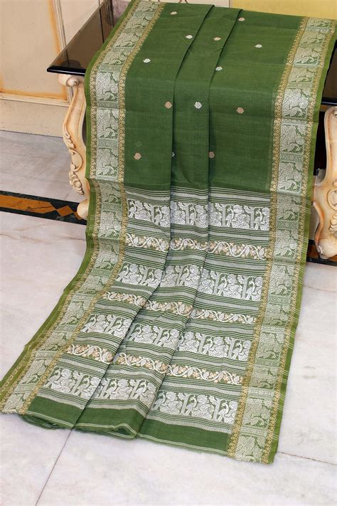 Bengal Handloom Cotton Baluchari Saree in Turtle Green, Beige and Off ...
