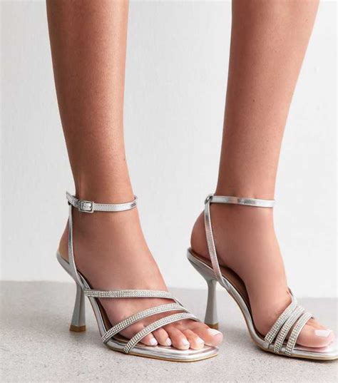 Wide Fit Silver Embellished Stiletto Heel Sandals | New Look