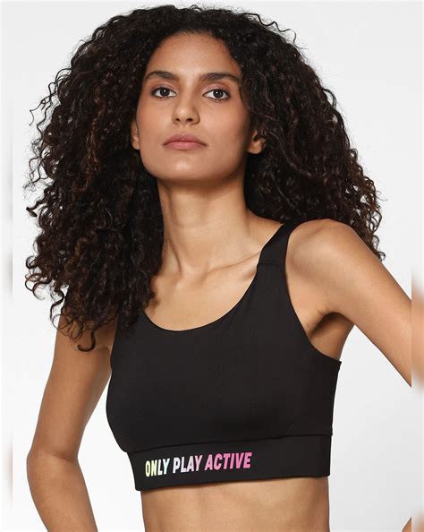 Black Logo Print Sports Bra