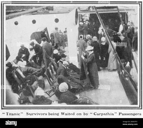 A photograph showing survivors from the Titanic disaster being waited ...