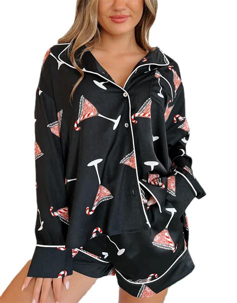 Women Christmas Pajamas Shorts Set Santa Claus Pjs Long Sleeve Button ...
