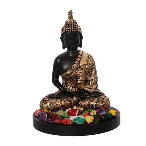 Handcrafted Meditating Blessing Golden Buddha with Wooden Base ...