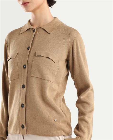 Rareism Women's Korn Dark Beige Viscose Spread Collar Plain Regular Fi