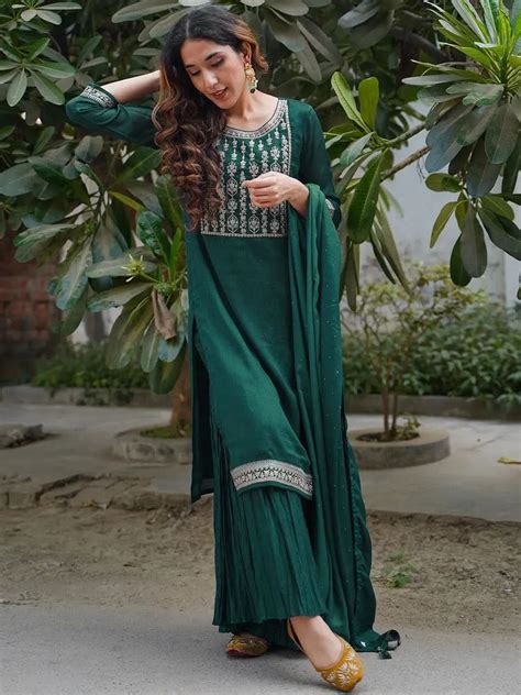 Buy Teal Yoke Design Silk Blend Straight Kurta With Sharara & Dupatta ...