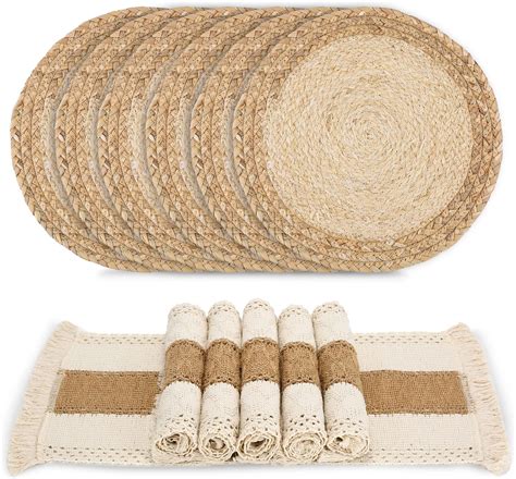Amazon.com: Natural Woven Round Placemats Set of 6 (with Napkin Rings ...