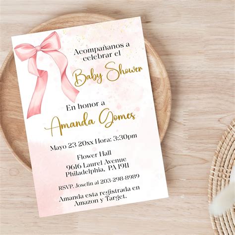 Spanish Pink Bow Baby Shower Printable Invitation for Girl - Blush Gold ...