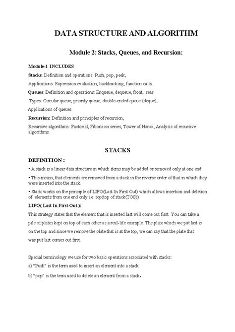 DATA STRUCTURE AND ALGORITHM (Module 2): Stacks, Queues, Recursion ...