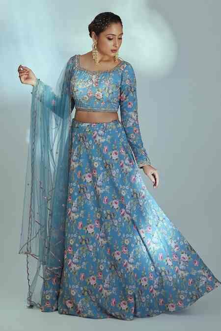 Buy Blue Floral Print, Cutdana Andsequin Work Leaf Neck Flared Lehenga ...