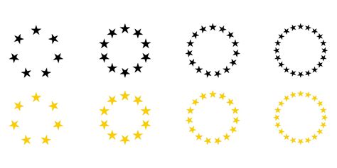 A large indigo star surrounded by a circle of 20 smaller indigo stars on a yellow background.