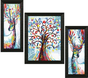 RAC Set of 3 Tree and Deer UV Textured Framed Wall Paintings 12X18 INCH ...