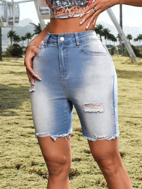 SHEIN EZwear Women Casual Slim Fit Denim Shorts With Distressed Hem ...