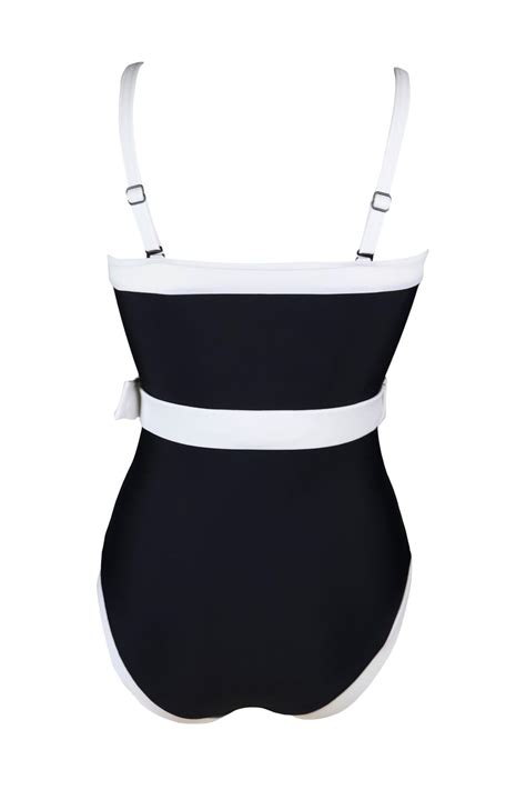 Strapless Belted High Leg Tummy Control Swimsuit in Black/White | Pour Moi