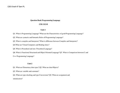 CSE 6th sem PL - Question Bank Programming Language CSE-312-B Unit- Q1 ...