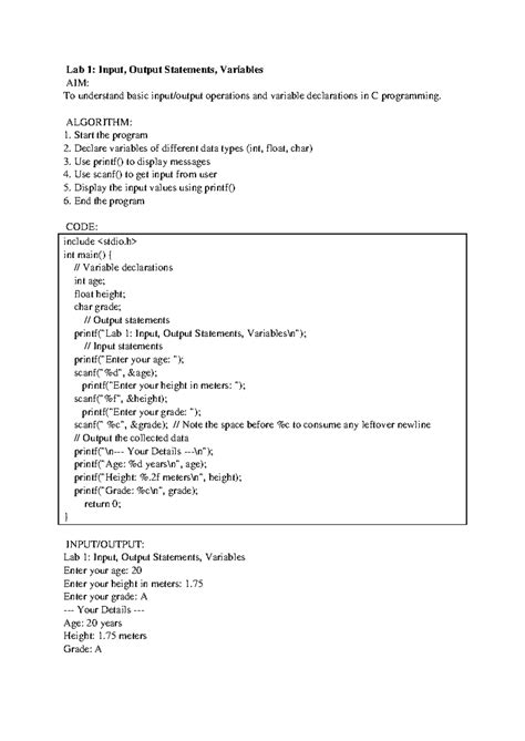 21CSS101J - Lab: Input, Output, Variables, and Data Types in C - Studocu