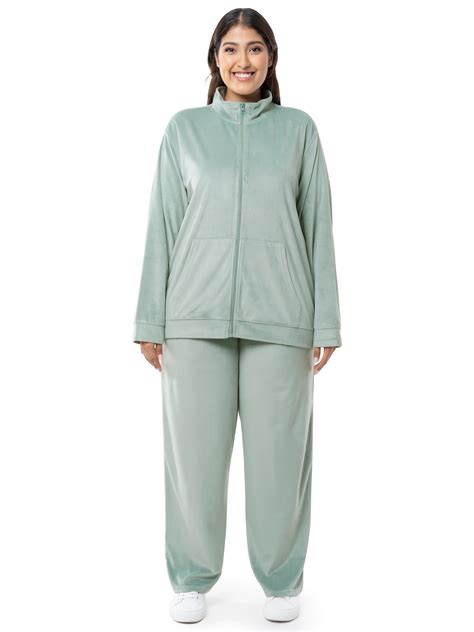 Athletic Works Women's Plus Size Active Velour Zip-Up Tracksuit Set, 2 ...