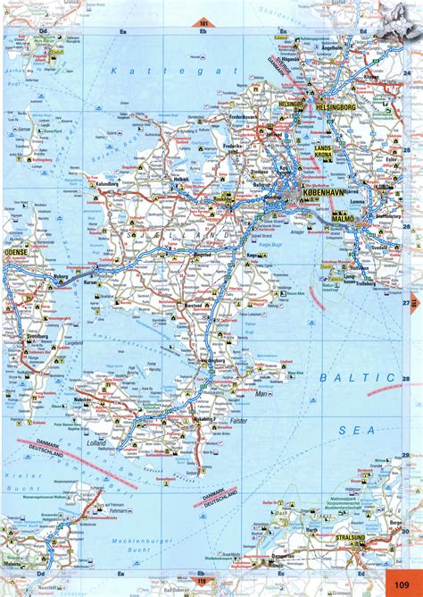 Map Denmark and Sweden road region Odense, Kobenhavn, Helsingor, Helsingborg, Malmo scale 1cm ...
