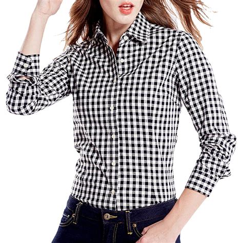 Women's Gingham Shirt Cotton Slim Fit Long Sleeve Button Up Plaid Shirt ...