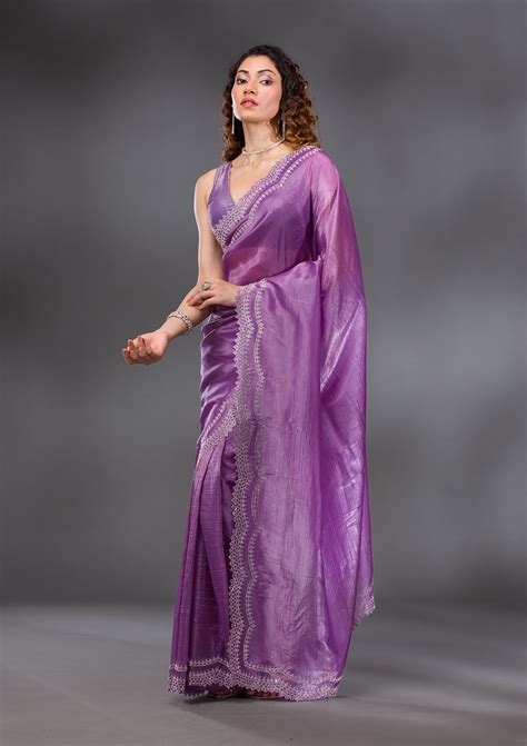 Buy Purple Stonework Tissue Saree - Koskii