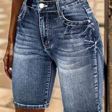 Ladies' Stretch Denim Shorts With Embroidered Floral Design- Casual And ...