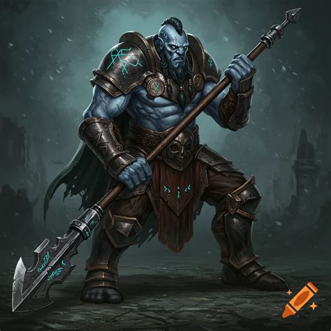 A muscular, grey-skinned fantasy goliath character with glowing blue ...