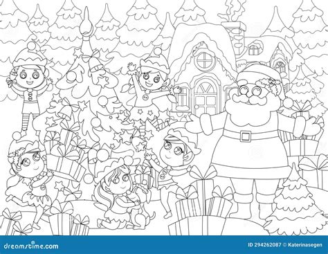 Coloring Pages. Santa Claus with Elves Outside Near the Christmas Tree ...