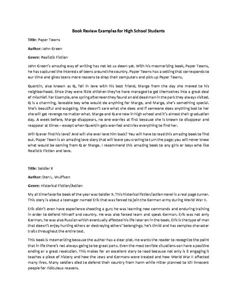 Book review examples for high school students - Book Review Examples ...