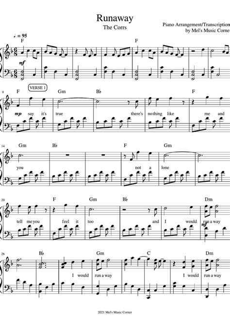 The Corrs - Runaway (piano sheet music) Sheet by Mel's Music Corner