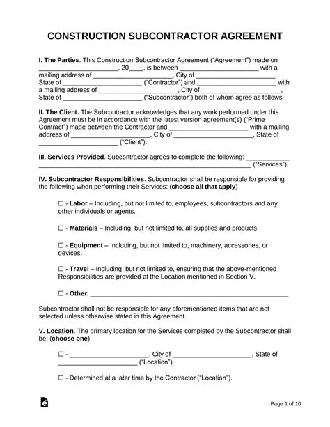 Free Construction Subcontractor Agreement - PDF | Word – eForms