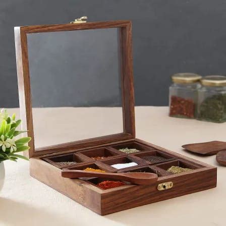 Homefrills Square Spice Box with Spoon in Sheesham Wood Multi-Utility ...