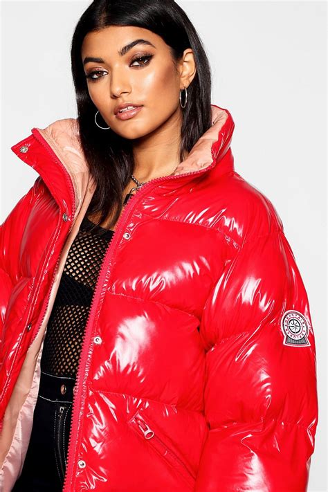 Coated Funnel Puffer Jacket | boohoo | Red puffer jacket, Puffer jacket ...