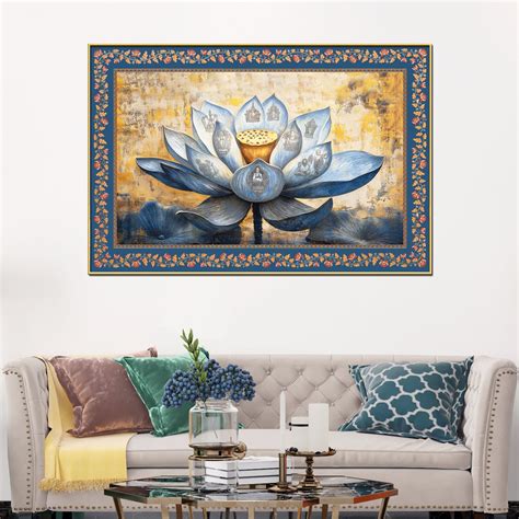 Blue Lotus Flower with Carved Figures Border Canvas Wall Painting ...