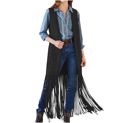 APEXFWDT Womens Fringe Long Vest 70s Hippie Outfits Sleeveless Cowgirl ...