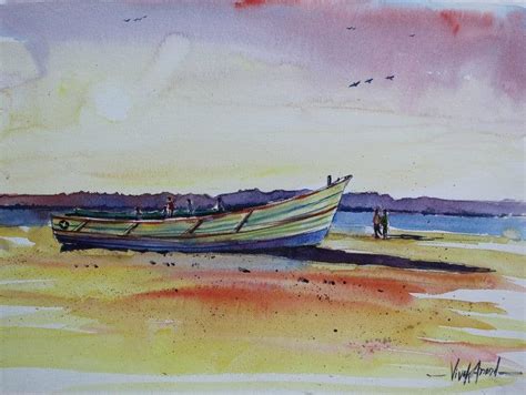 "Boat At Thengai Patnam": Red Violet Watercolor Painting by Vivekanand ...